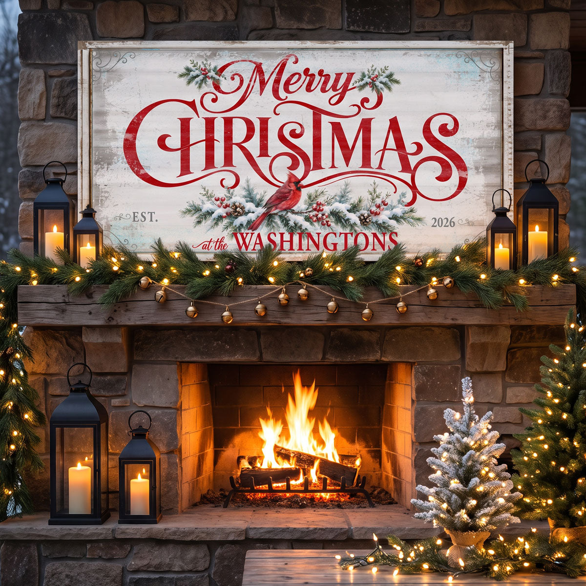 Merry Christmas sign with a red cardinal on a stone fireplace with a timber mantel, lanterns and candles