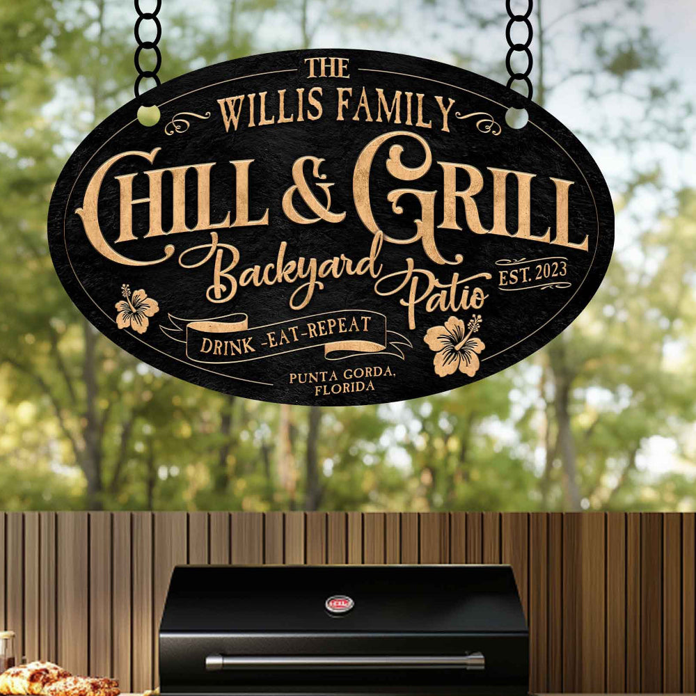 Metal bar and grill sign made of metal with black textured background