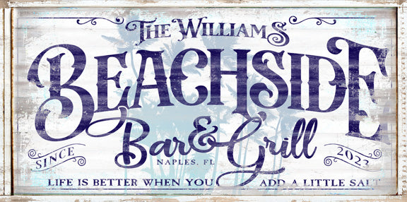 beach house sign on distressed wood that says beachside bar and grill