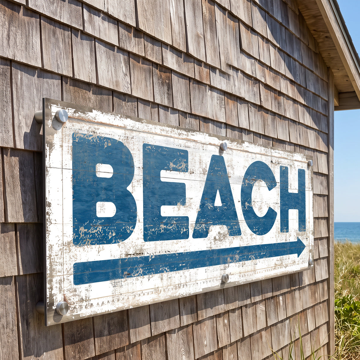 Metal print Blue Beach House Arrow Sign — brushed metal coastal wall decor