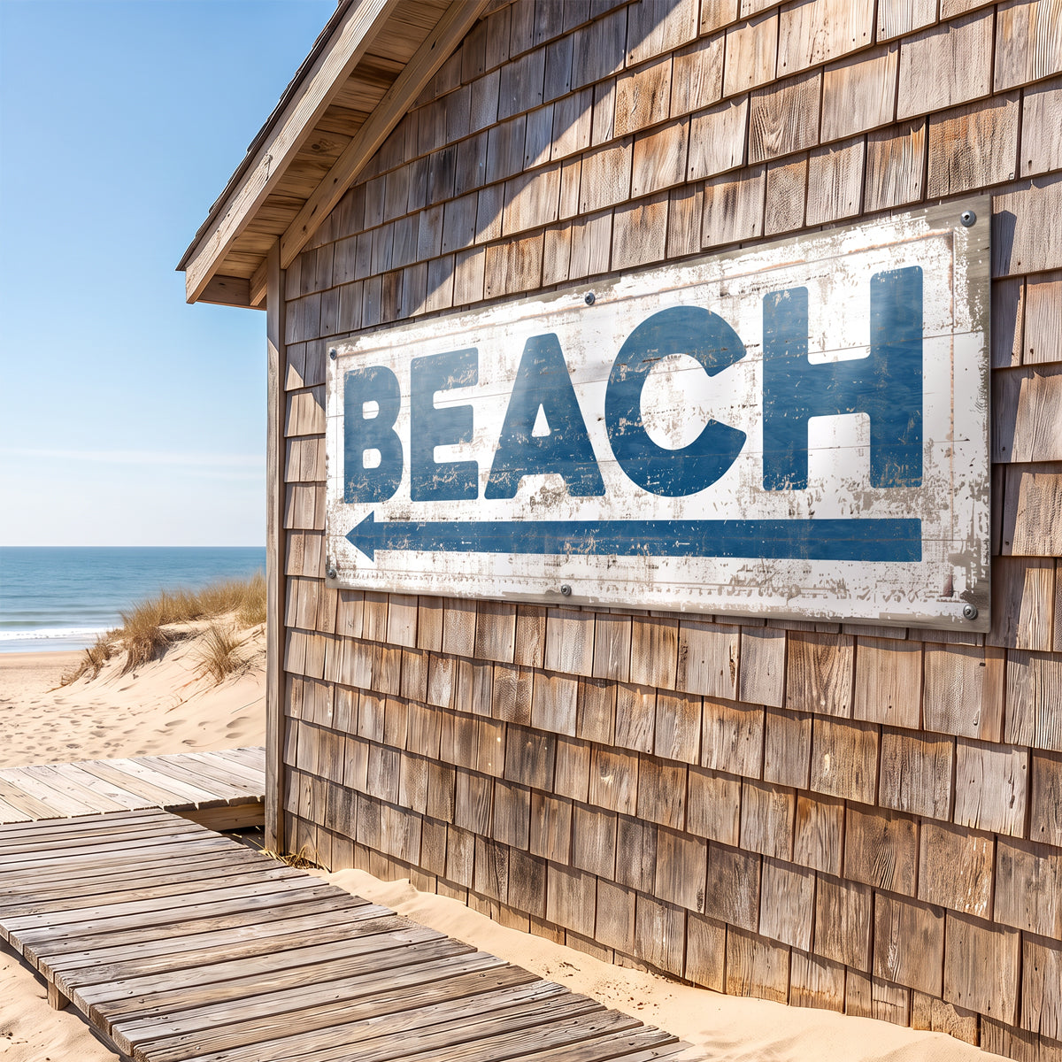 Blue metal Beach sign with arrow — brushed metal nautical coastal wall art
