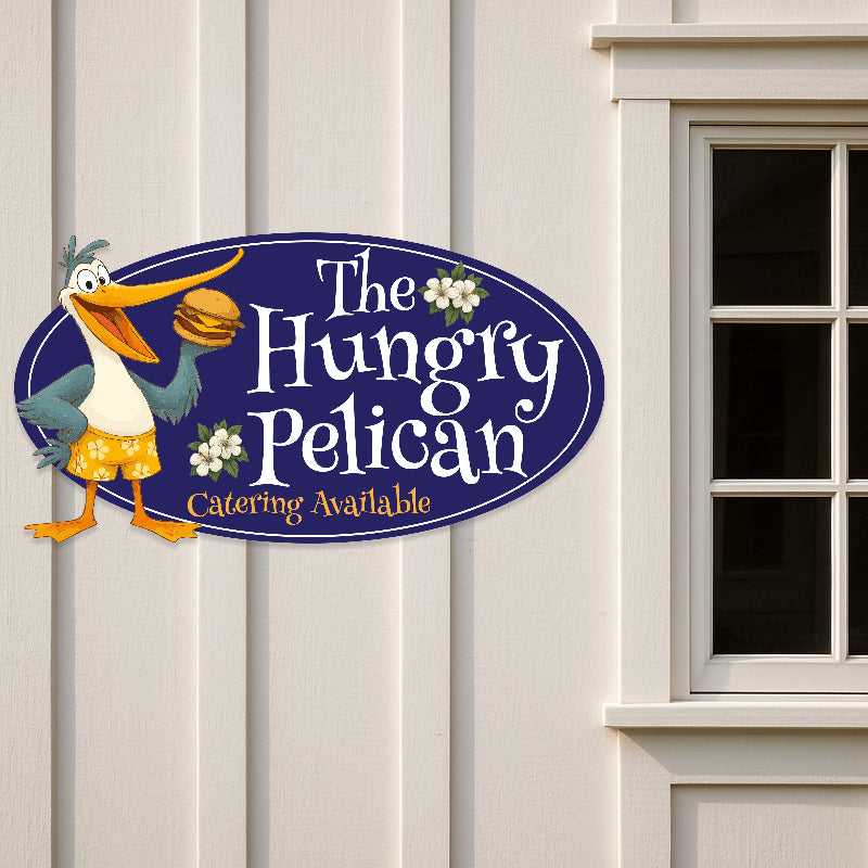 Metal business sign with pelican logo on white building