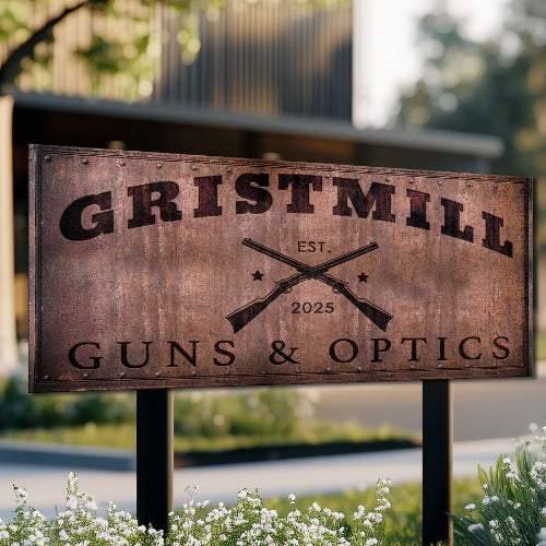 Metal Business Sign in rust and with name and logo