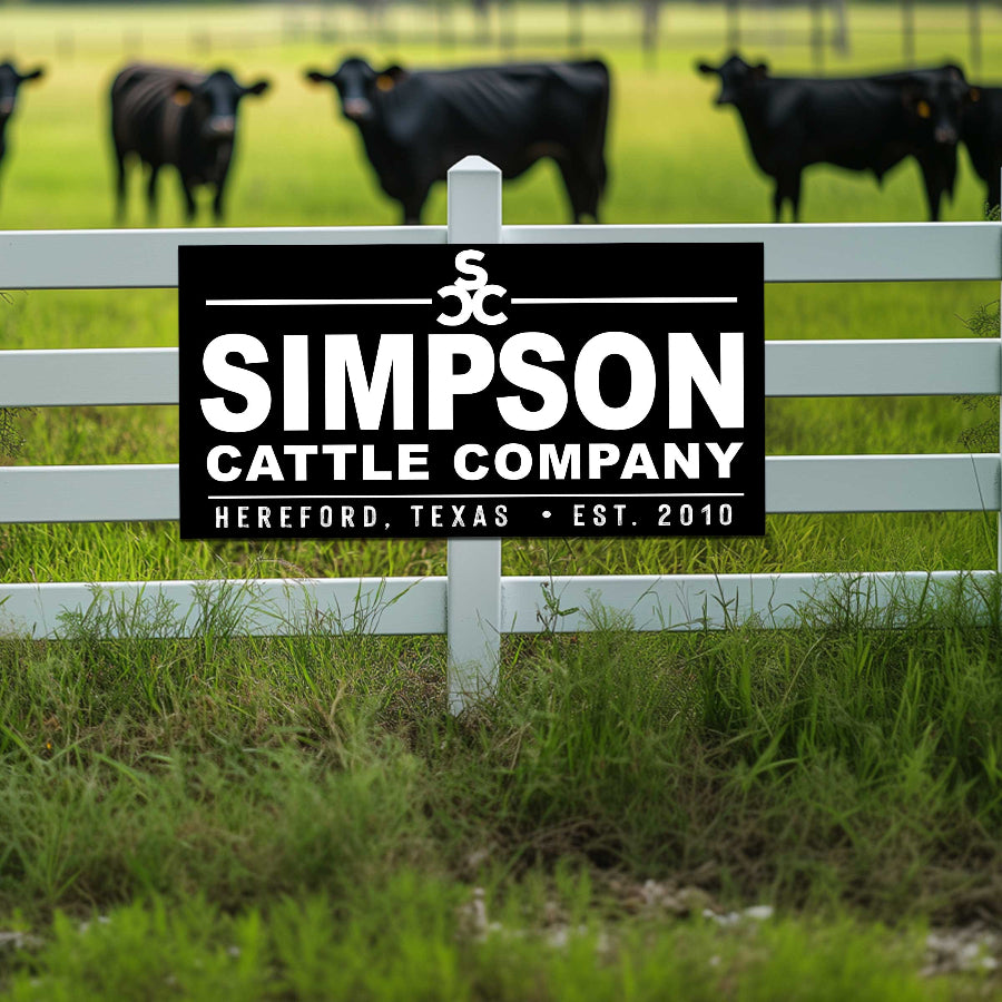 metal cattle farm sign in black and white personalized