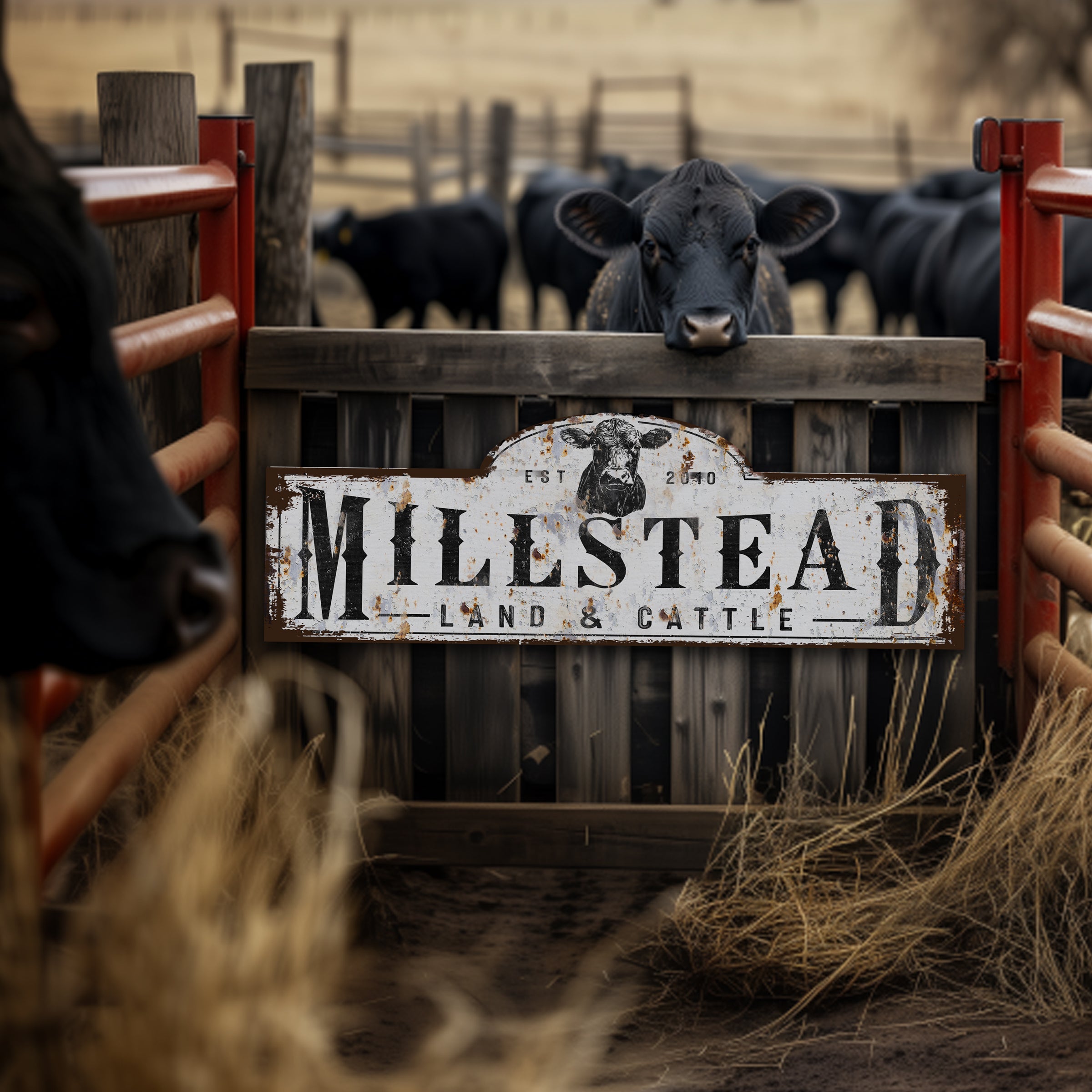 Metal cattle ranch sign that is white with distressed look. White with black print.