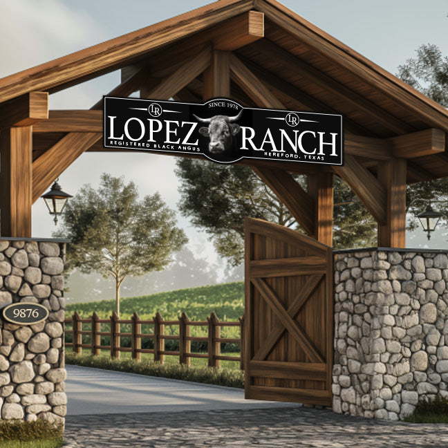 metal cattle ranch signs black and white personalized hung on a wooden entrance