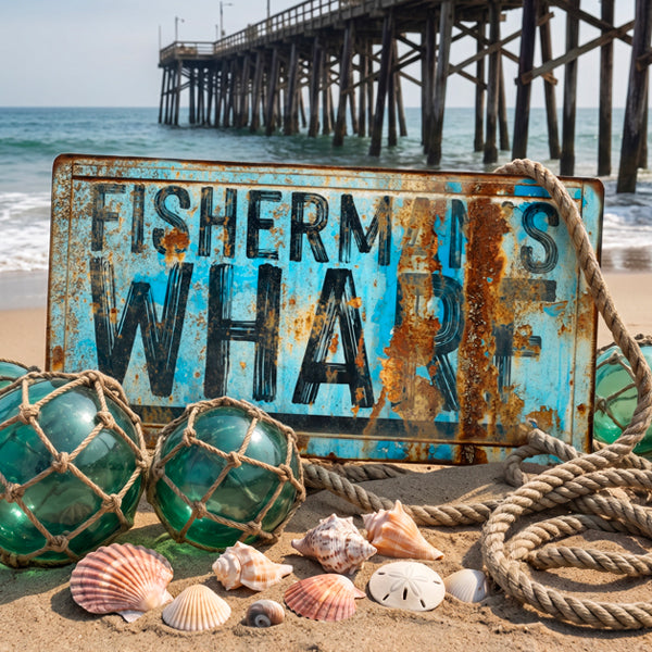 Metal coastal wall sign laying on a beach with shells and glass sea balls and rope