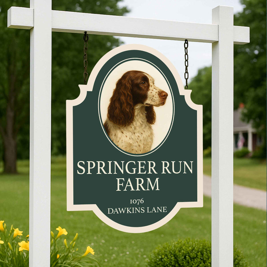 Metal farm entrance sign with Springer Spaniel Dog head.
