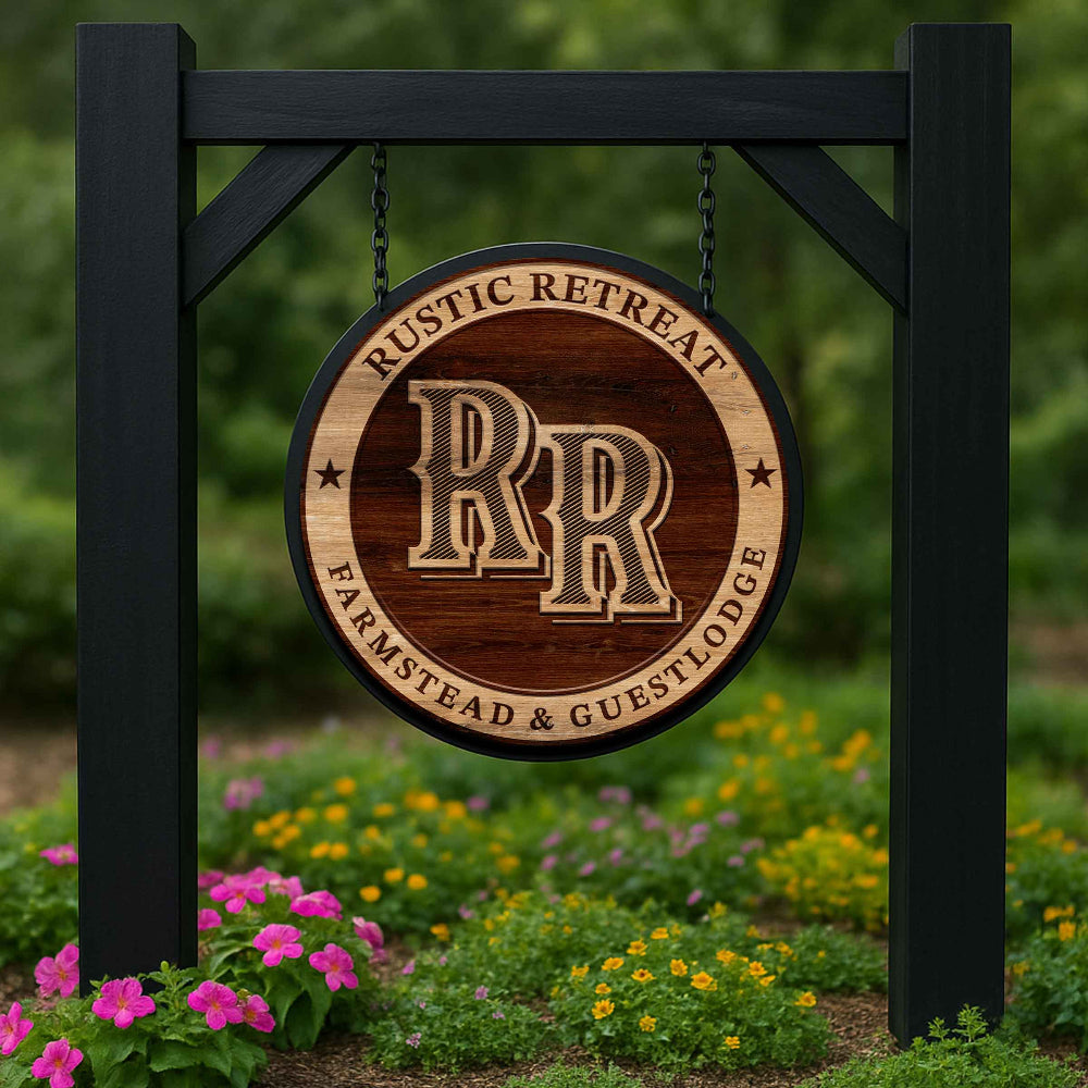 metal farm entrance sign that looks like wood with the words rustic retreat
