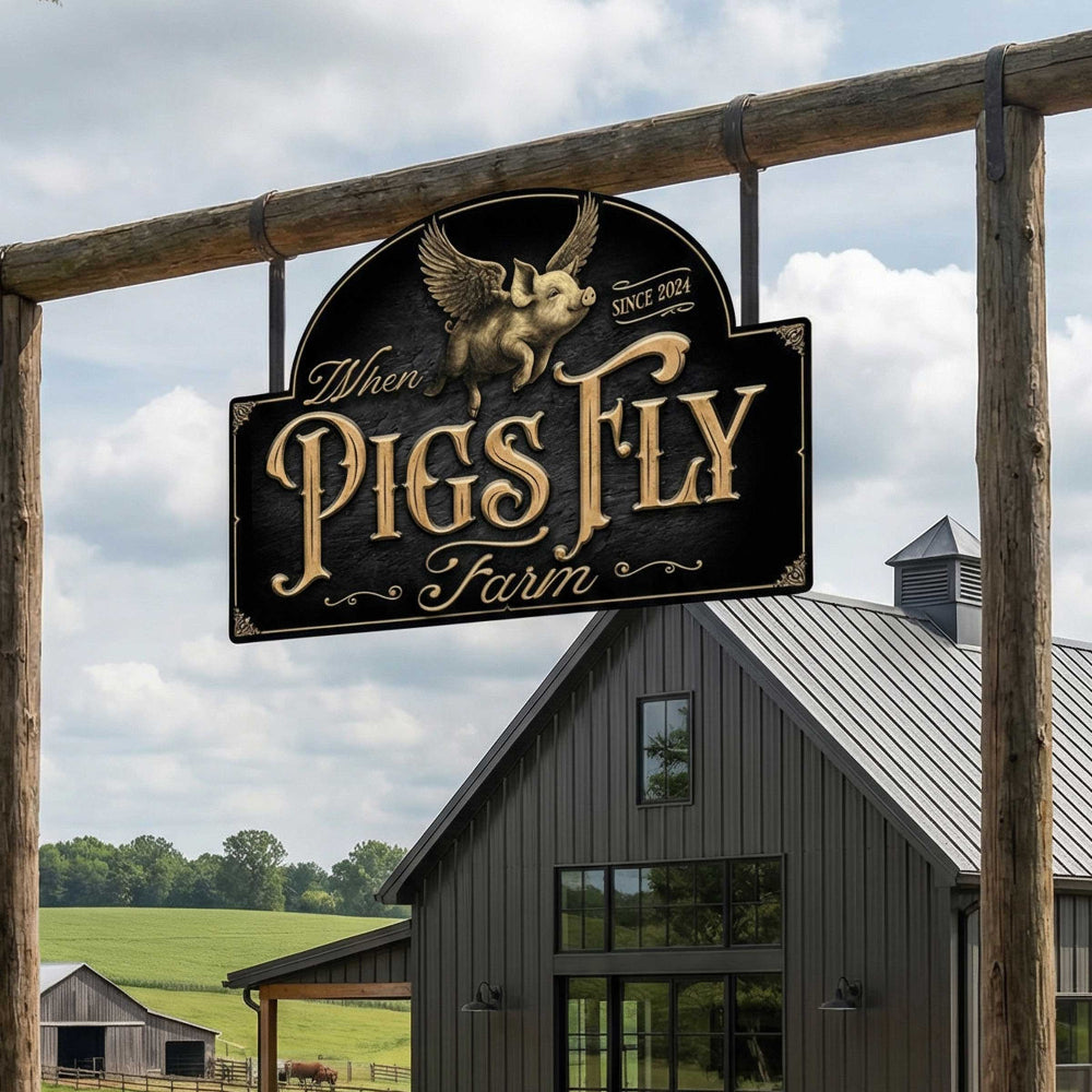 metal farm sign of a pig flying in gold tones hanging on a wood stand, that says When Pigs Fly Farm