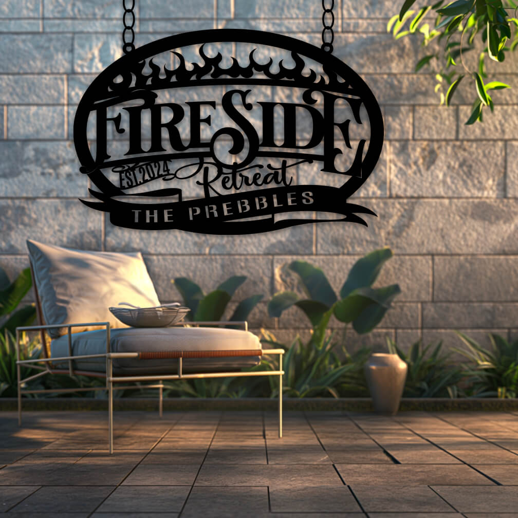 fire Pit Metal Sign die cut out of metal that says Fireside Retreat, with est. date and name