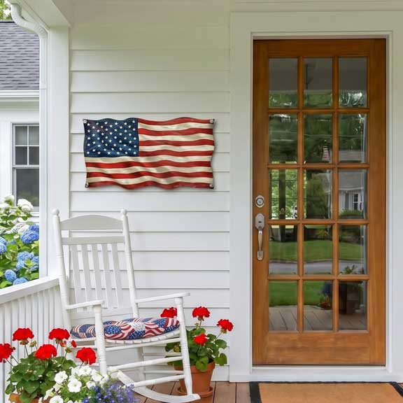 Front porch with American flag, rocking chair, and potted plants.