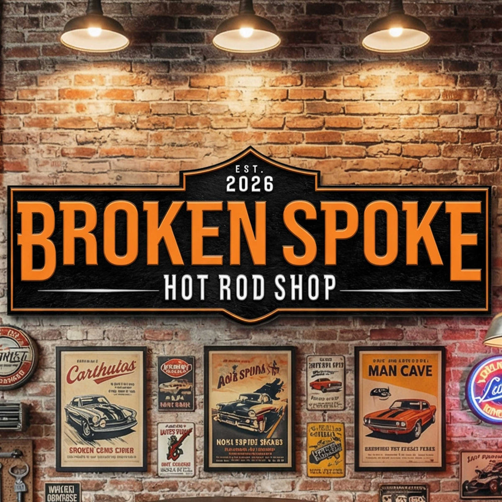 metal garage sign on a brick wall in a man cave brick wall.