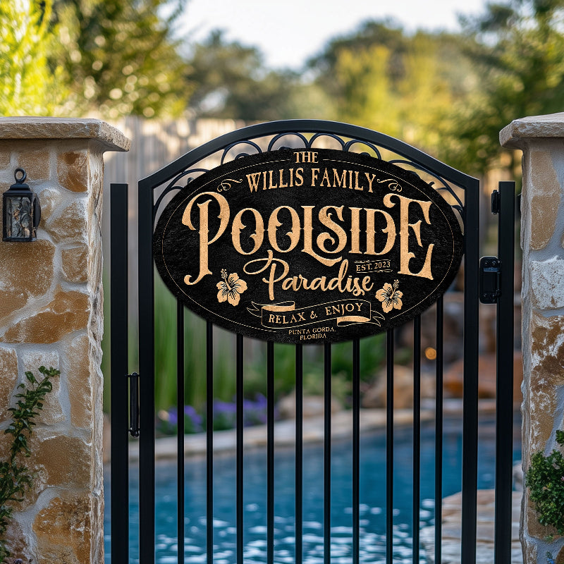 metal pool and patio sign made with metal with black texture and words poolside paradise