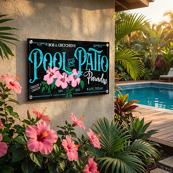 metal pool decor sign that says pool and patio paradis in teal, pink, and black on a stucco wall near a pool