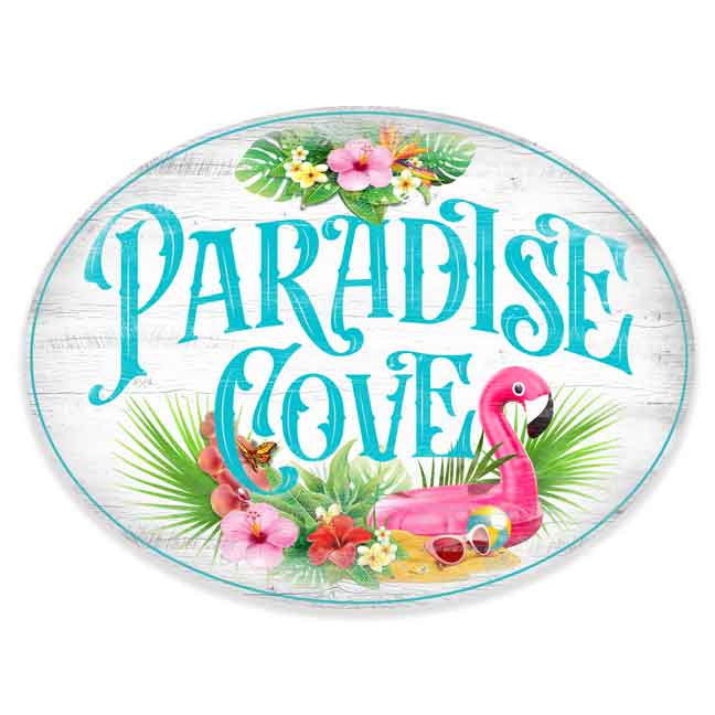 Coastal Decor -pool & Patio sign with rough worn wood look with tropical flowers and flamingo floatie with the words Paradise Cove