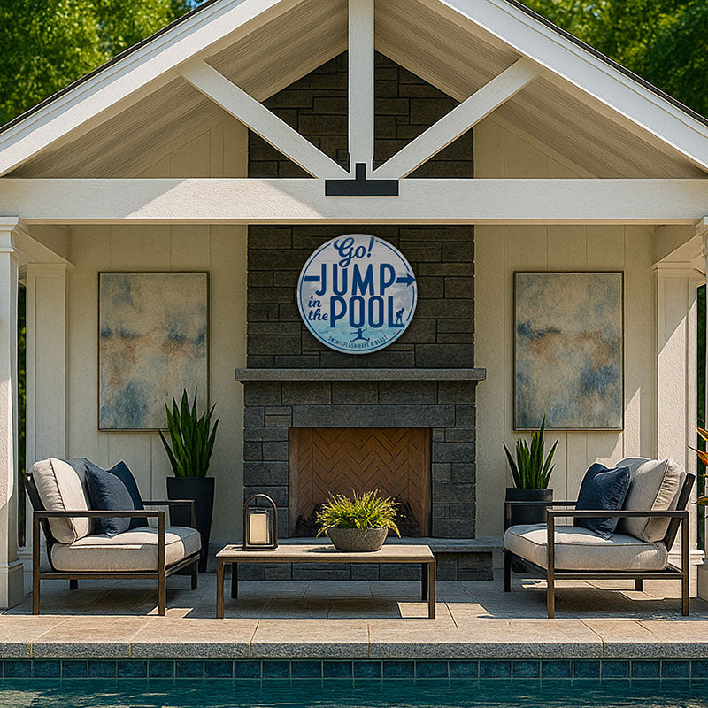 metal pools signs on an outdoor pool house fireplace.