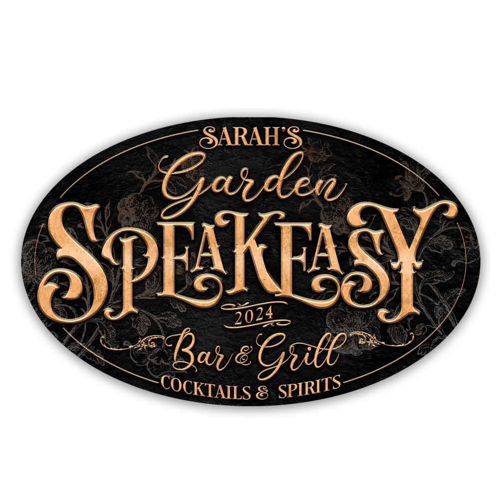 speakeasy Sign on textured oval background with the words: Speakeasy Lounge with personalized name.