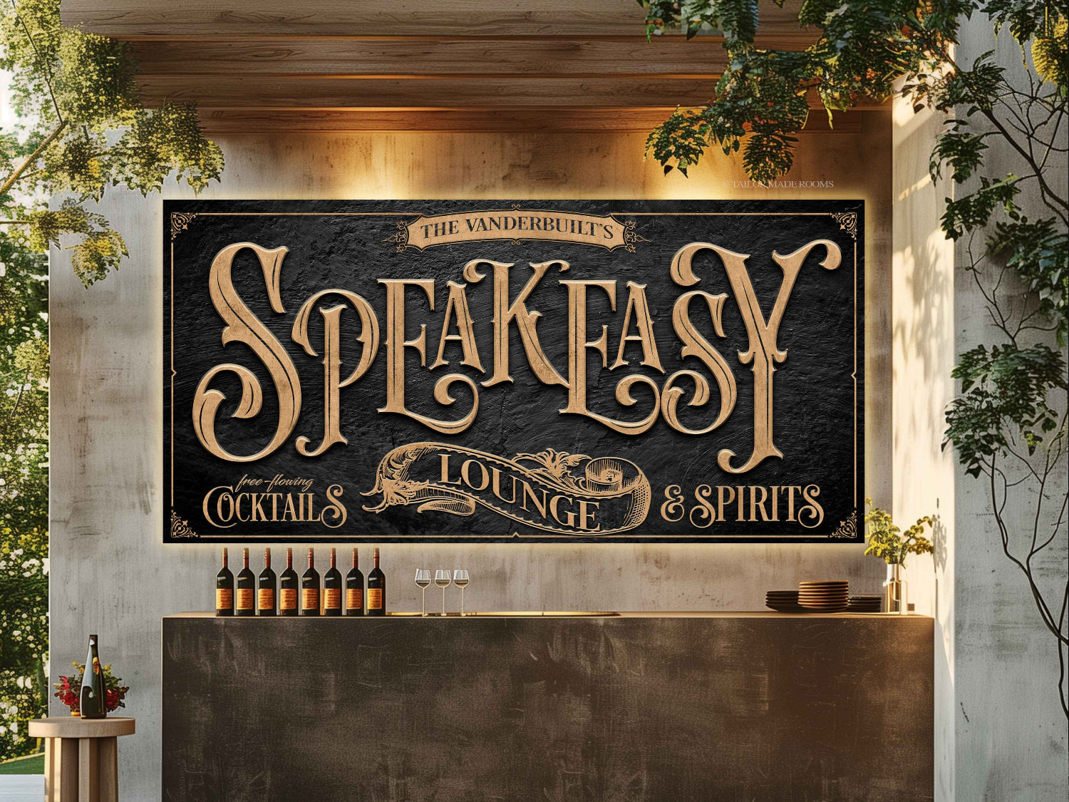 metal speakeasy sign with black texture and gold lettering