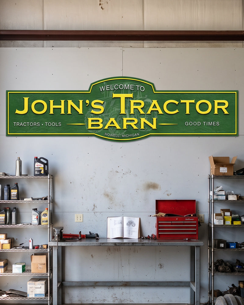 Metal tractor barn sign in green and yellow over a steel workbench in a farm shop