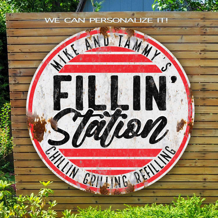 metal vintage signs filling station that looks rusty