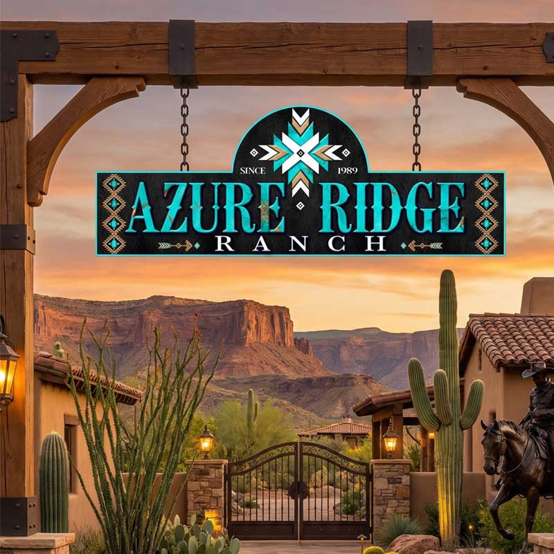 metal western entrance signs hanging on chains into a ranch.