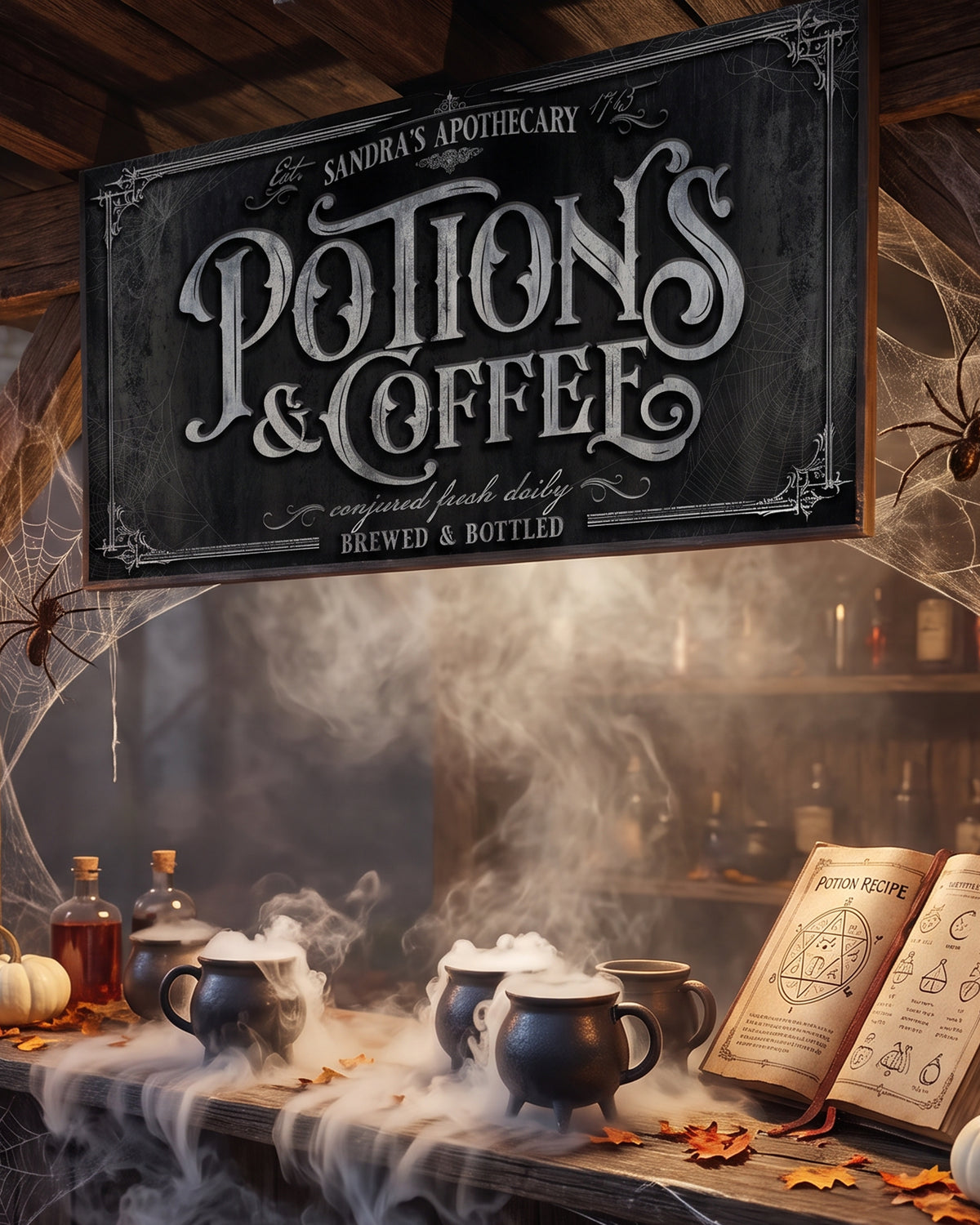 Potions and Coffee sign above steaming mugs, an open spell book and apothecary bottles in the mist