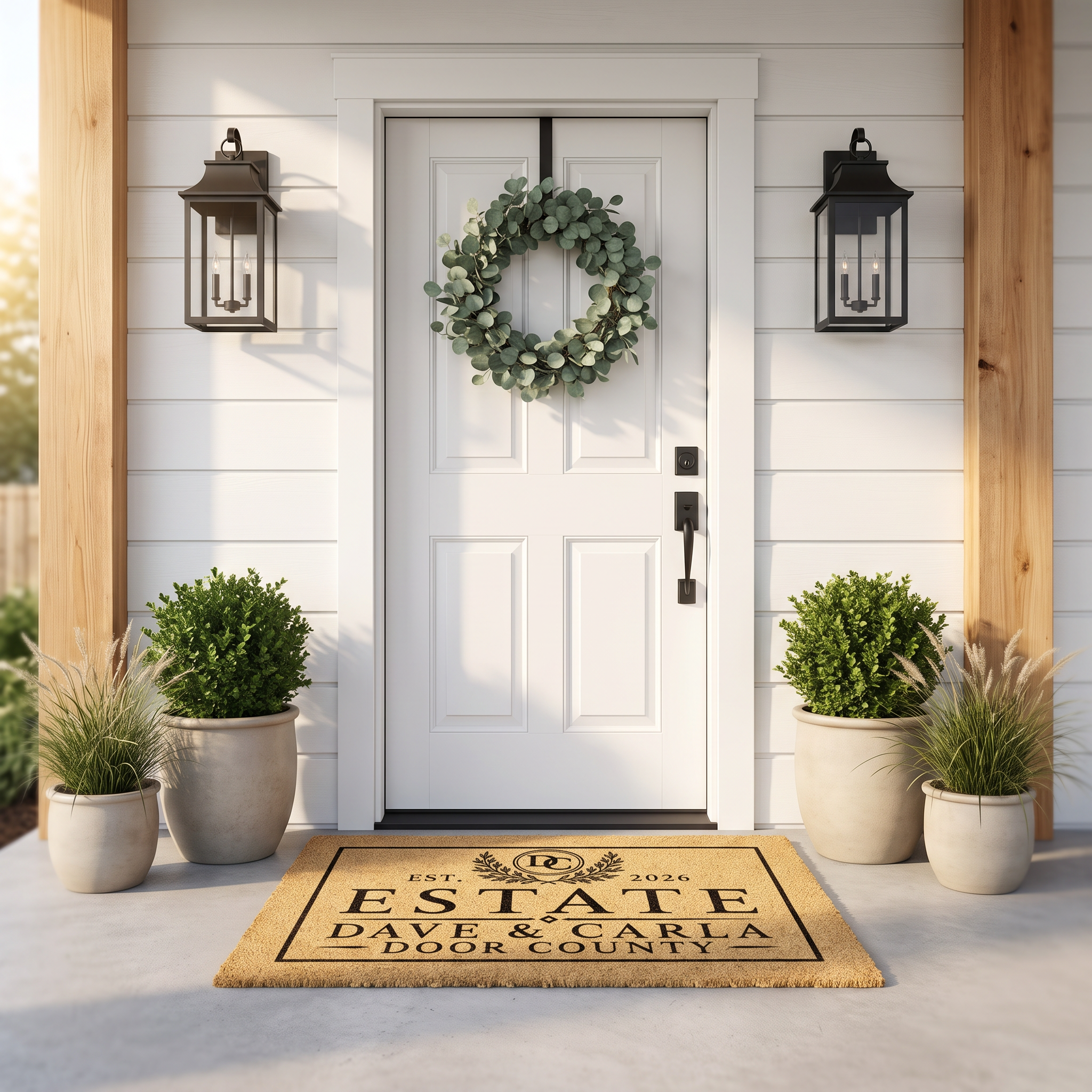 Monogrammed door mat reading Estate with a crest, first names and est year, at a white farmhouse door