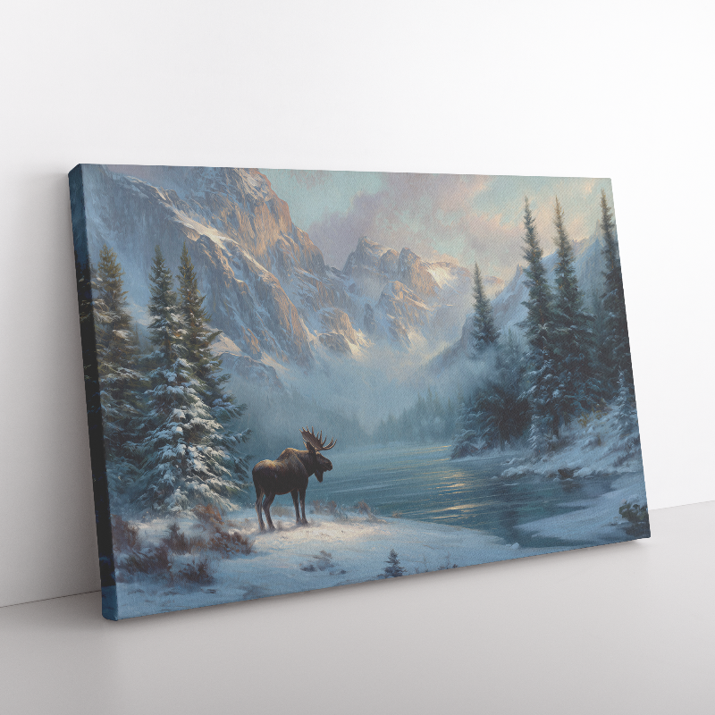moose canvas print in the mountain range near a river