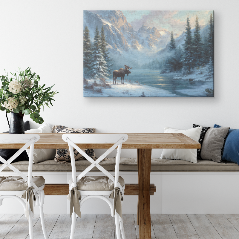 moose decor moose artwork of a lone moose standing by a frozen alpine lake with snowy pines and mountains at sunrise