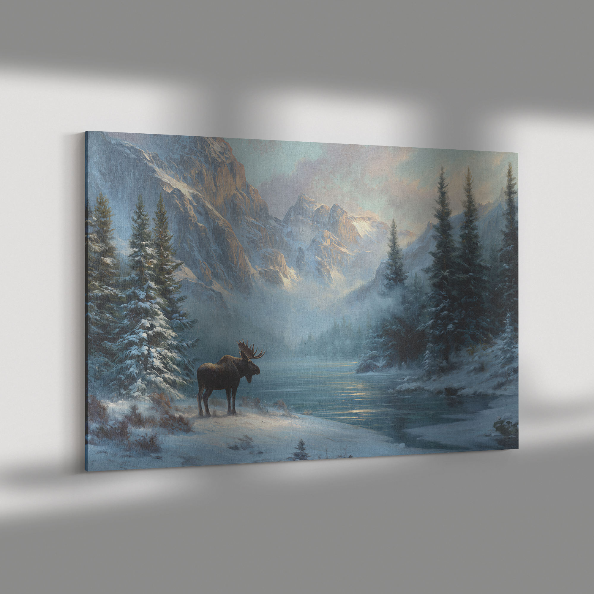 moose painting canvas art of a lone moose standing by a frozen alpine lake with snowy pines and mountains.