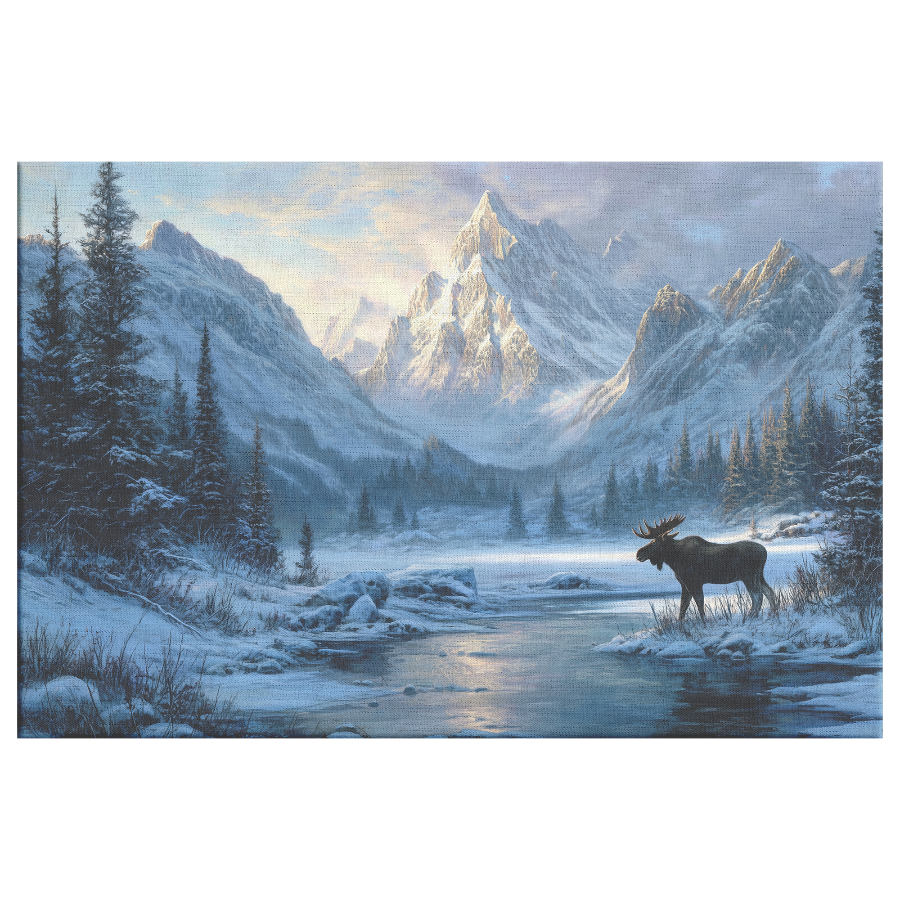 moose painting in the mountains of a lone moose standing by a frozen alpine lake with snowy pines and mountains at sunrise