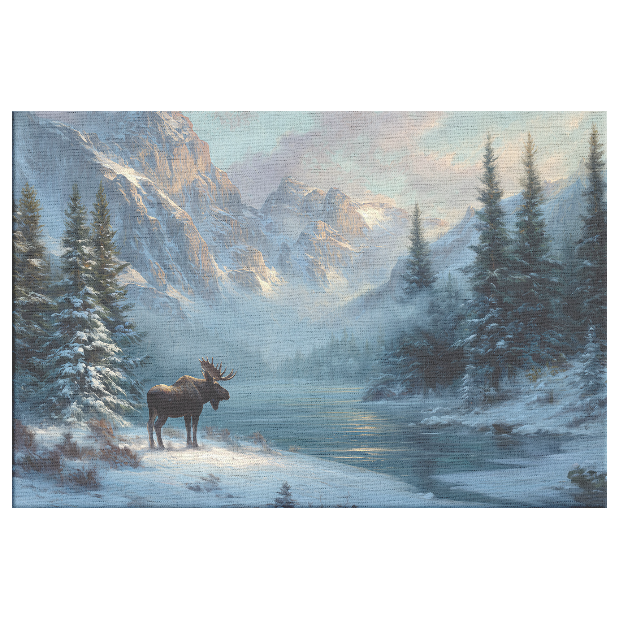 canvas art print of a lone moose standing by a frozen alpine lake with snowy pines and mountains at sunrise