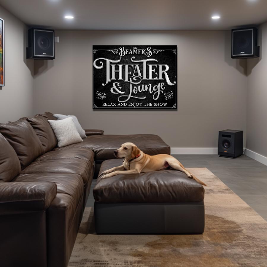 movie room decor in black and silver with personalization