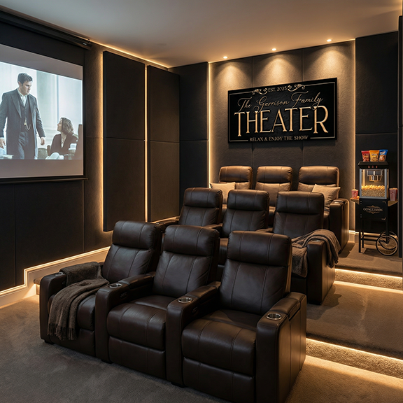 movie room sign in a  theater with leather recliner seats and a movie playing on a screen.