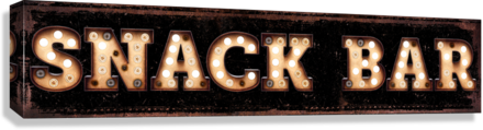 Theater room decor snack bar sign on black distressed background with the words Snack Bar in faux marquee lights