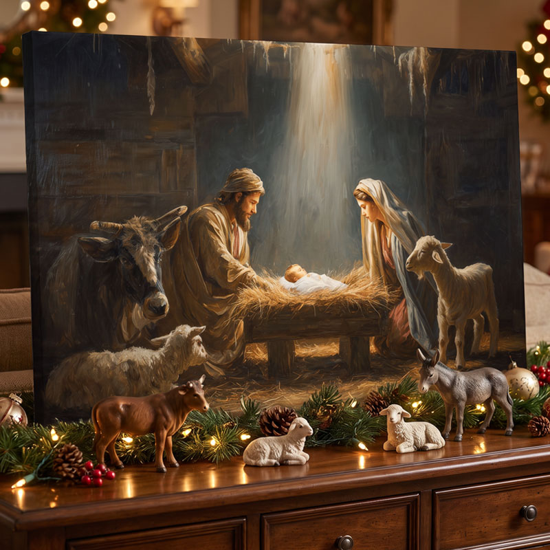 Nativity scene canvas on a dresser with lit garland and gold ornaments, angled to show the gallery wrapped edge