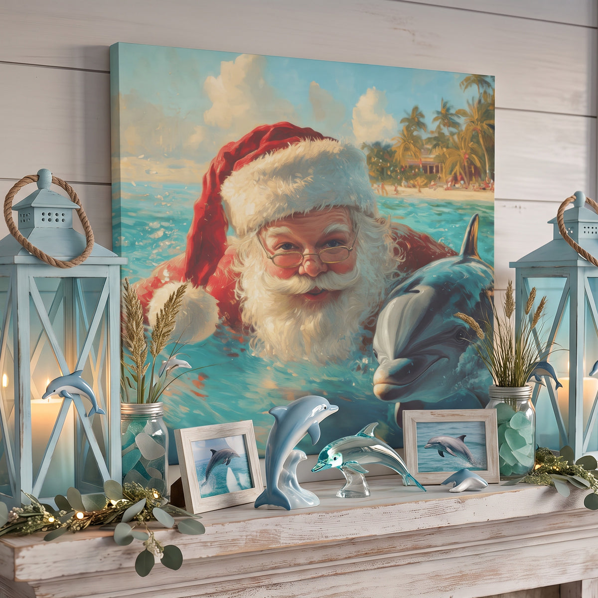 Nautical Christmas decor canvas of Santa and a dolphin, on a mantel with blue lanterns and dolphin figurines
