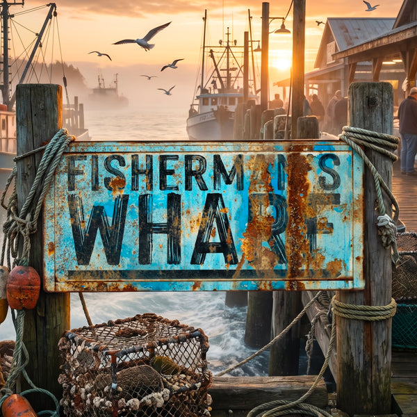 Nautical wall decor and  rustic weathered metal sign reading “FISHERMEN’S WHARÉ” in distressed black lettering on a faded blue background, mounted on wooden posts at a dock with ropes, lobster traps, boats, and a sunset sky in the background.