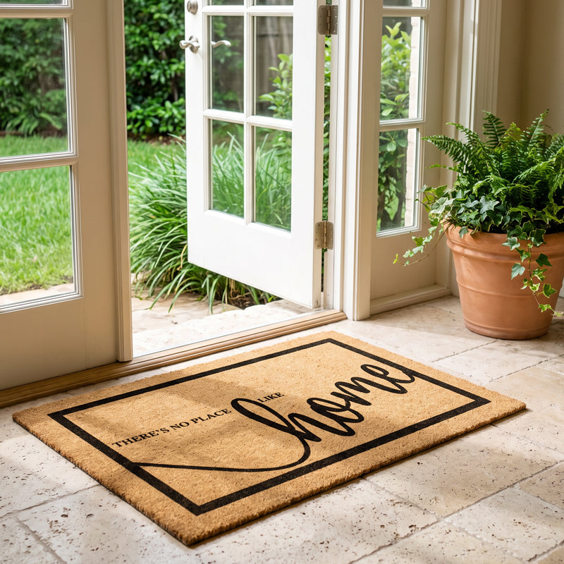 No Place Like Home coir mat on travertine at open white french doors with a fern and garden beyond