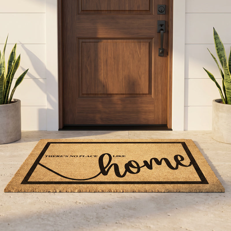 No Place Like Home doormat on a concrete porch at a walnut door between two snake plants