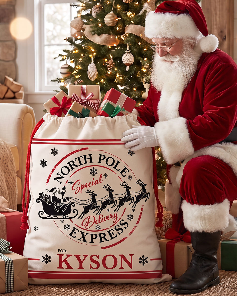 Personalized Santa sack with a North Pole Express postmark showing Santa's sleigh and eight reindeer