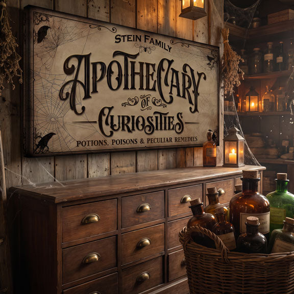 Old apothecary sign reading Apothecary of Curiosities above a chest of drawers and a basket of glass bottles