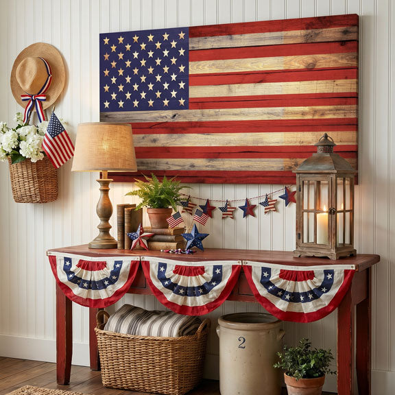 Decorative old glory american flag room interior with American flag, table, and patriotic decorations.