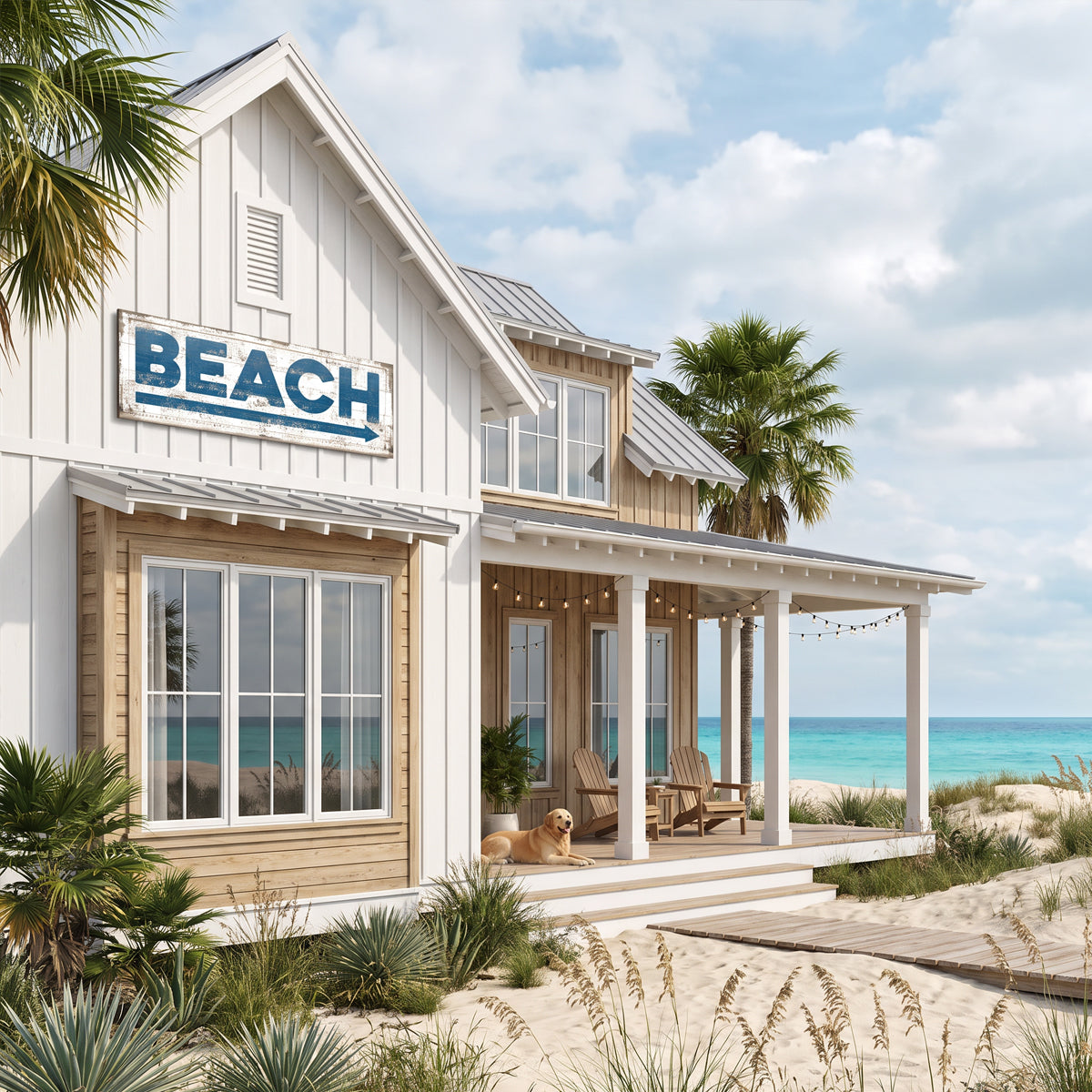Blue Beach House Arrow Sign on cedar shingle wall with ocean boardwalk — outdoor coastal decor