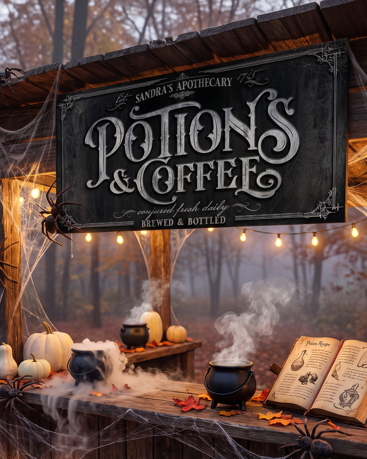 Potions and Coffee sign on a cobwebbed porch with string lights, white pumpkins and a spell book
