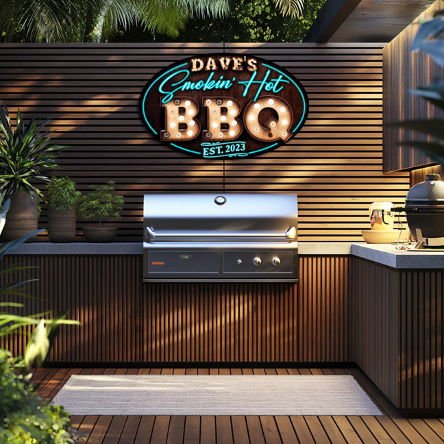 Outdoor kitchen decor sign that says (name) Smoking Hot BBQ with est. date