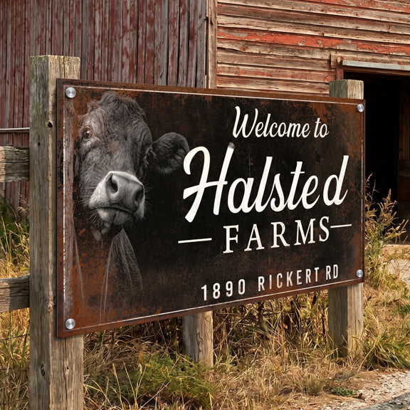 Welcome farm sign to Halsted Farms with a cow's face on a rustic background