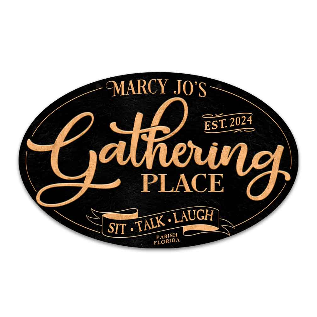 Patio sign personalized gathering place oval sign with gold letters on textured background