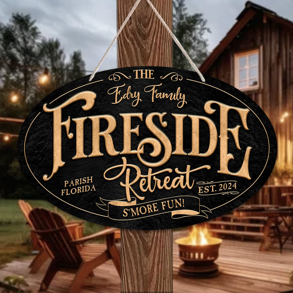 Patio Sign on black textured background, with the words Fireside Retreat personalized with family name;